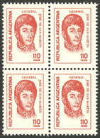 ARGENTINA: GJ.1758B, 1977/8 110P. San Martín, Block Of 4 Printed On FLUORESCENT UNSURFACED PAPER, Extremely Rare, F - Other & Unclassified