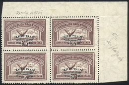 ARGENTINA: GJ.667, 90c. Zeppelin With Green Overprint, Corner Block Of 4 With VARIETIES: Overprints With Downward Shift, - Airmail
