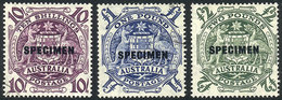 AUSTRALIA: Sc.219/221, 1949/50 10S. + 1£ + 2£ With SPECIMEN Overprint. The 1£ Value Canceled To Order, All Mint Wit - Otros & Sin Clasificación
