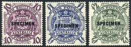 AUSTRALIA: Sc.219/221, 1949/50 10S. + 1£ + 2£ With SPECIMEN Overprint. The 1£ Value Canceled To Order, All Mint Wit - Andere & Zonder Classificatie