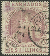 BARBADOS: Sc.43, 1873 Britannia 5S. Dull Rose, Used, Tiny Faults, Very Fine Appearance! - Barbados (...-1966)