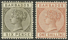 BARBADOS: Sc.66/67, 1882/5 Victoria 6p. And 1S., Mint With Tiny Hinge Marks, Excellent Quality! - Barbades (...-1966)