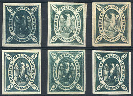 BOLIVIA: Sc.1, 1867/8 Condor 5c., 6 Examples Mint Original Gum (1 Without Gum), Varied Reengravings And Types, Ve - Bolivie