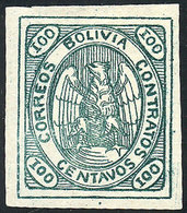 BOLIVIA: Sc.8, 1867/8 Condor 100c. Green, Mint No Gum, Very Fine Quality, With Certificate Of The Royal Philateli - Bolivie