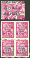 BOLIVIA: Sc.C261a, 1966 Agrarian Reform 10c. On 27B., Block Of 4, One With VARIETY: Agraria - Agraria" Instead Of "Refor - Bolivie