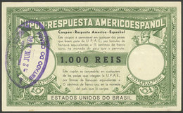 BRAZIL: 1000Rs. Americo-Español Reply Coupon Of The Year 1938, Very Rare! - Otros & Sin Clasificación