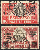ERITREA: Sc.E8b + E8c, 1927/35 1.25L. On 60c., BLACK Surcharges, Perforation 11 And 14, Used, VF Quality, Very Rare - Erythrée