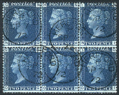 GREAT BRITAIN: Sc.30 Plate 14 (SG.47), 1871 2p. Blue, Spectacular Block Of 6 Used In Hereford, Letters NG-OI, Very Attr - Other & Unclassified