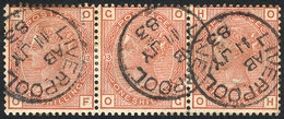 GREAT BRITAIN: Sc.87, 1880/1 1sh. Salmon Plate 13, Strip Of 3 Stamps Used In Liverpool, VF Quality! - Altri & Non Classificati