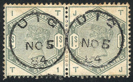GREAT BRITAIN: Sc.107, 1883/4 1sh. Green, Horizontal Pair Used In UIC, Fine/VF Quality! - Autres & Non Classés