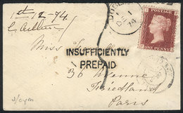 GREAT BRITAIN: 1/DE/1874 DUBLIN - Paris: Cover Franked By SG.43 (1p. Rose-red, Plate 143) And Sent To Paris, With "ISUF - Altri & Non Classificati