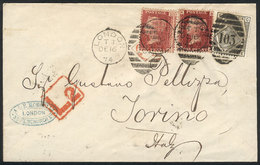 GREAT BRITAIN: 16/DE/1874 London - Torino (Italy): Cover Franked By SG.43 X2 + 147 (6p Gray Plate 13 + 2x 1p. Rose-red - Otros & Sin Clasificación