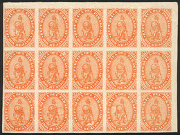 PARAGUAY: Sc.2, 1870 Lion 2R., PROOF In Orange, Block Of 15 Stamps Printed On Thick Paper Glazed On Both Sides, To - Paraguay