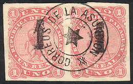 PARAGUAY: Sc.19, 1884 1c. On 1R. Rose, Beautiful Used Pair, VF Quality! - Paraguay