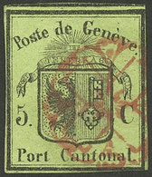 GENEVE: Sc.2L2, 1845/8 5c. Black On Yellow-green "Kleiner Adler", Used, Fine Quality, With Certificate Of Von Der Weid" - 1843-1852 Timbres Cantonaux Et  Fédéraux