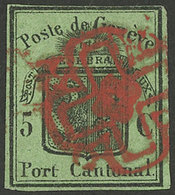 GENEVE: Sc.2L4, 1845/8 5c. Black On Dark Green "Grosser Adler", Used, Wide Margins (the Top One Very Thin, But Complete) - 1843-1852 Timbres Cantonaux Et  Fédéraux