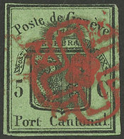 GENEVE: Sc.2L4, 1845/8 5c. Black On Dark Green "Grosser Adler", Used, Wide Margins (the Top One Very Thin, But Complete) - 1843-1852 Federal & Cantonal Stamps