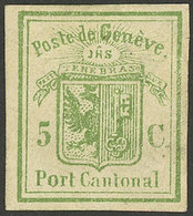 GENEVE: Sc.2LU1 (Yvert 4), 1947 5c. Green, Cut Square, Mint, Very Fine Quality, With Small Guarantee Mark Of Fritz Moser - 1843-1852 Kantonalmarken Und Bundesmarken