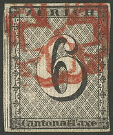 ZÜRICH: Sc.1L2 (Yvert 10a, Zu.2S), 1843 6r. Black With Vertical Lines, Used, Just Margin At Right Else Excellent. With C - 1843-1852 Kantonalmarken Und Bundesmarken