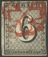 ZÜRICH: Sc.1L2 (Yvert 10a, Zu.2S), 1843 6r. Black With Vertical Lines, Used, Just Margin At Right Else Excellent. With C - 1843-1852 Federale & Kantonnale Postzegels