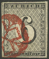 ZÜRICH: Sc.1L4 (Yvert 10, Zu.2W), 1846 6r. Black With Horizontal Lines, Used, Very Fine Quality. With Certificate Of Rel - 1843-1852 Federal & Cantonal Stamps