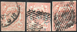 SWITZERLAND: Sc.11/13 (Yvert 22/24), 1852 Complete Set Of 3 Used Values, All Of 4 Margins And Very Fresh, VF Quality! - Other & Unclassified