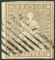 SWITZERLAND: Sc.20 (Zu.22B), 1854/5 5r. Light Yellow-chestnut, Used, Excellent Quality, With Certificate Of Von Der W - Andere & Zonder Classificatie