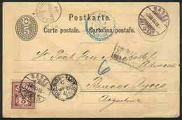 SWITZERLAND: 5c. Postal Card Uprated With 5c., Sent From Basel To Buenos Aires On 3/MAR/1884, With A Fold Else VF! - Otros & Sin Clasificación