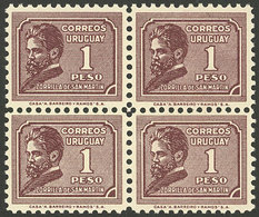 URUGUAY: Sc.418, 1932 1P. Poet Juan Zorrilla De San Martín, MNH Block Of 4, Excellent Quality, Catalog Value US$8 - Uruguay