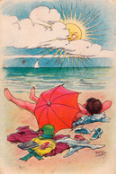 BAIGNEUSE NUE Sous PARASOL ROUGE / BATHING WOMAN Under BEACH UMBRELLA / - ILLUSTRATION : ARTHUR THIELE ~ 1930 (ac432) - Thiele, Arthur