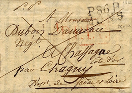 1812- Lettre De P.86.P. / MONS ( Jemappes) 25 Mm Noir + P.P.P.P Rouge Pour Chassagne ( Saône Et Loire ) - 1794-1814 (Französische Besatzung)