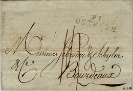 1798- Lettre De 91 / OSTENDE ( La Lys ) 33 Mm Noir Taxe 14 D. Pour Bordeaux - 1794-1814 (Période Française)