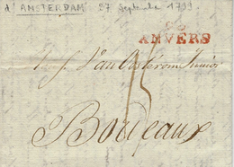 1799- Lettre De 93 /ANVERS ( Les Deux Nethes ) 32 X 10 Mm Rouge- Lettre écrite D'Amsterdam Taxe 15 D. Pour Bordeaux - 1794-1814 (Französische Besatzung)