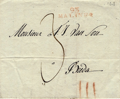 1808- Enveloppe De 93 /MALINES ( Les Deux Nethes ) 31 Mm Rouge-  Taxe 3 D. Pour Bréda -marque III Patars Crayon Rouge - 1794-1814 (Période Française)