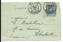 Entier Postal Carte Lettre Ref J14 Carton Vert REIMS CAD Daguin 1887 Pour CHARLEVILLE Cote 10e ...    G - Tarjetas Cartas