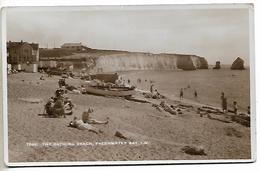 Real Photo Postcard, The Bathing Beach, Freshwater Bay, Isle Of White. Boats, People, Beach Huts, Cliffs. 1936. - Ventnor