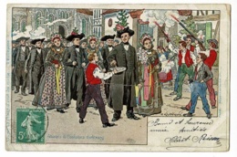 Carte Illustrée P Kauffmann - Usages & Coutumes D'Alsace - La Chaîne D'arrêt Des Mariés - Circulé 1911 - Kauffmann, Paul