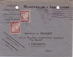 VAR - TOULON - MINISTERE DE L'AGRICULTURE - SIMPLE TAXE - 1F50 - A GINASSERVIS - VAR - 9-1-1943. - 1859-1959 Covers & Documents