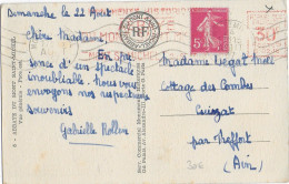 SEMEUSE - 1937 - EMA 30c Du MONT ST MICHEL (MANCHE) Sur 5c COMPLEMENT (RARE) Sur CARTE => TREFFORT - 1906-38 Semeuse Camée