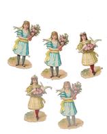 5 PETITS DECOUPIS GAUFFRES PETITE FILLE BOUQUET DE FLEURS - - Enfants