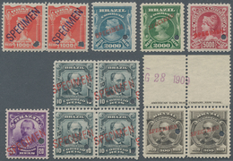 Brasilien: 1906-16, Liberty Issue 50 Stamps In Blocks And Strips Overprinted "SPECIMEN" In Different - Usati