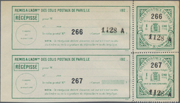 Frankreich - Postpaketmarken: 1924, Two-part Coupon 'COLIS POSTAUX DE PARIS' (armoiries) Green On Wh - Other & Unclassified