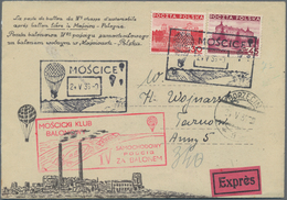 Polen: 1935/1936, BALLOON MAIL, Lot Of Five Entires (four Covers And One Upratd Stationery Cards), V - Briefe U. Dokumente