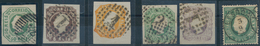 Portugal: 1853/1879, Lot Of Six Used Classic Stamps Incl. 1853 50r. Green Wide Margins, 1879 10r. Bl - Other & Unclassified