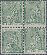 Spanien: 1873, Sitting Hispania 10c. Dark-green In A Lot With Approx. 500 Stamps In Blocks Of Four ( - Cartas & Documentos