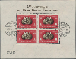 Ungarn: 1950, 75th Anniversary Of UPU, Lot Of Four Souvenir Sheets: Perf. Sheet MNH, Used And On F.d - Covers & Documents