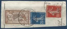 France Postes Serbes  Fragment 50c Merson N°120, 138 & 140 Obliteration Serbe R - Guerre (timbres De)