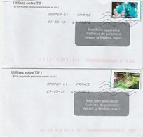 FRANCE 2 LETTRES AVEC TIMBRES VARIETE DE PIQUAGE (DECALAGE)  FLEURS - Oblitérés