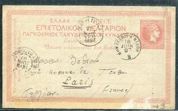 GRECE - ENTIER POSTAL CP TYPE MERCURE 10 L ROUGE D'ATHENES LE 11/6/1897 POUR PARIS - B - Postal Stationery