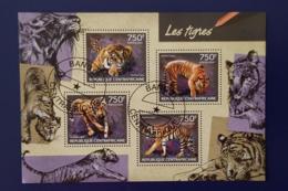 CENTRAFRIQUE, Les Tigres, Feuillet 4 Valeurs émis En 2014. Oblitéré, Used. - Big Cats (cats Of Prey)